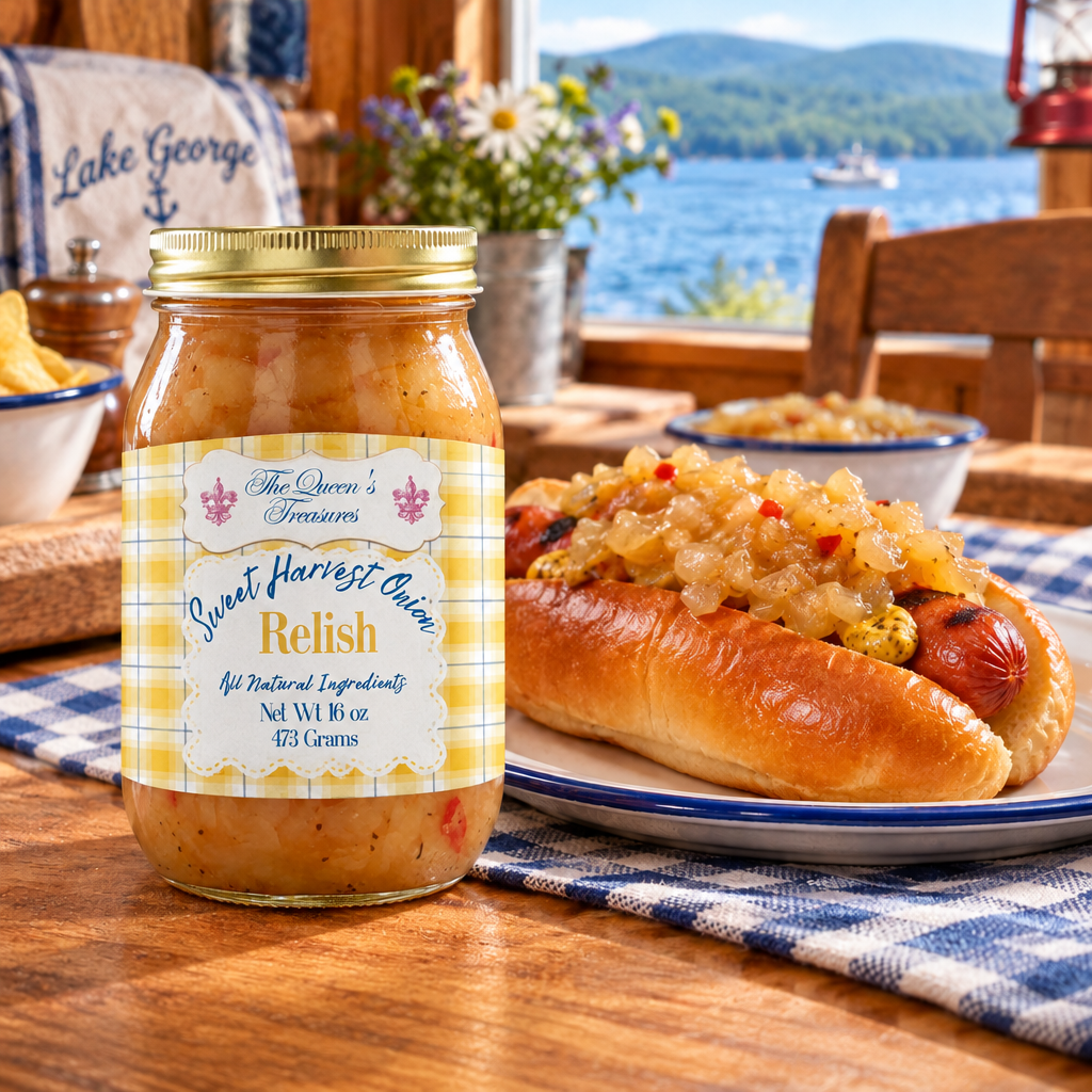 Jar of Sweet Harvest Onion Relish next to a grilled hot dog loaded with relish on a blue checkered tablecloth by a lake