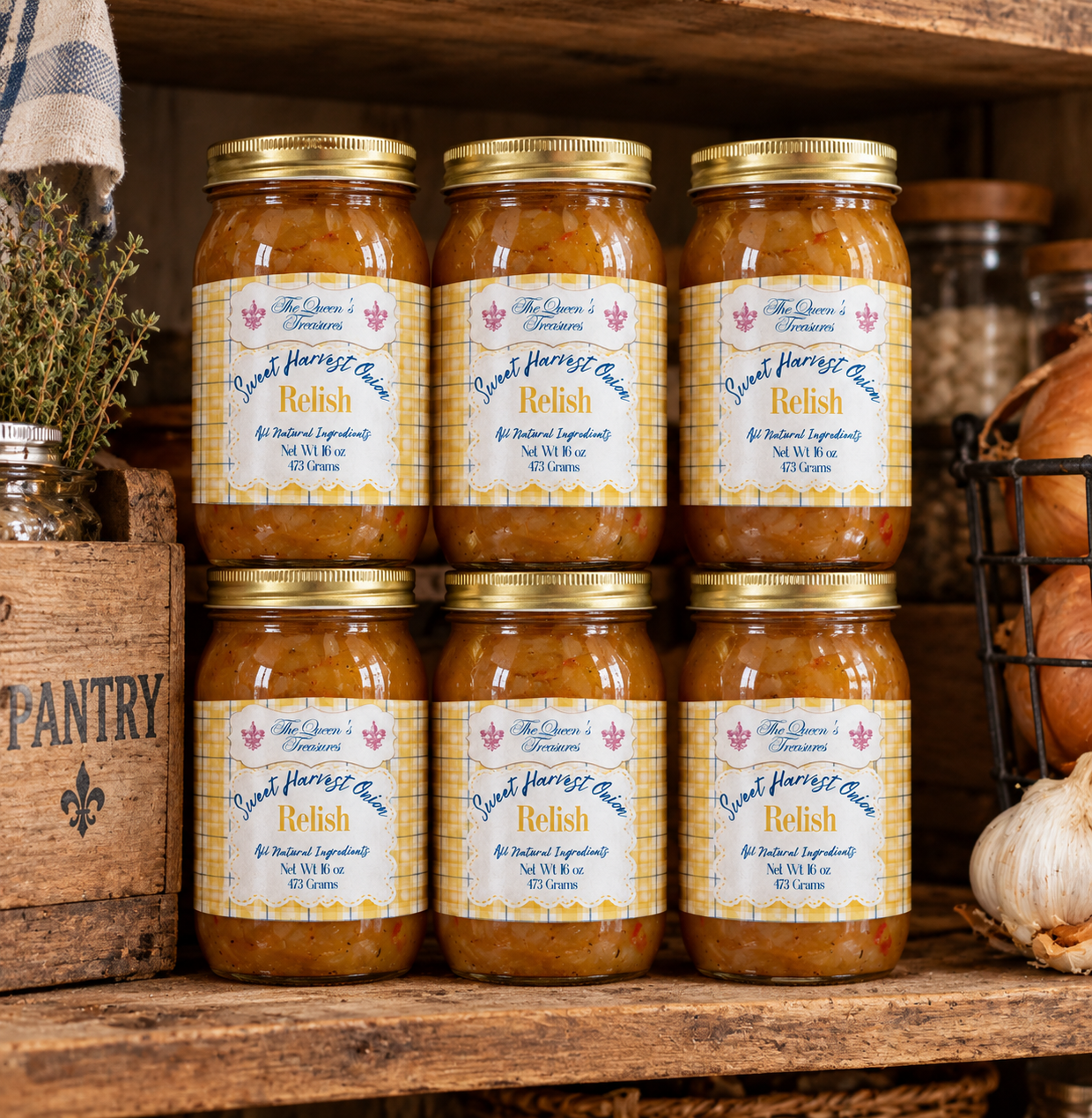 Row of six Sweet Harvest Onion Relish jars stacked on rustic wooden shelves in a farmhouse butler's pantry with onions and garlic