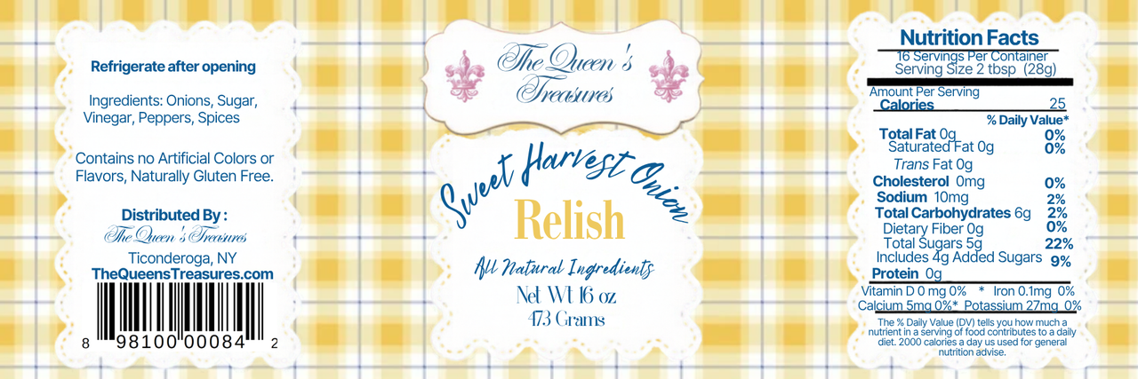 The Queen's Treasures Sweet Harvest Onion Relish flat packaging label showing yellow gingham check, ingredients, UPC, and nutrition facts