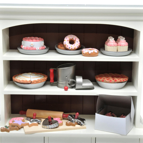 In the Queen's Treasures 18" doll hutch shelves are full of assortment of 18" doll food and baked goods. In the Queen's Treasures 18" doll hutch shelves are full of assortment of 18" doll food and baked goods.
