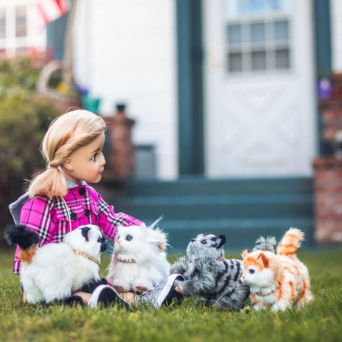 In outdoor scene, an 18 inch doll sits with the 4 18 inch doll cat pets. In outdoor scene, an 18 inch doll sits with the 4 18 inch doll cat pets.