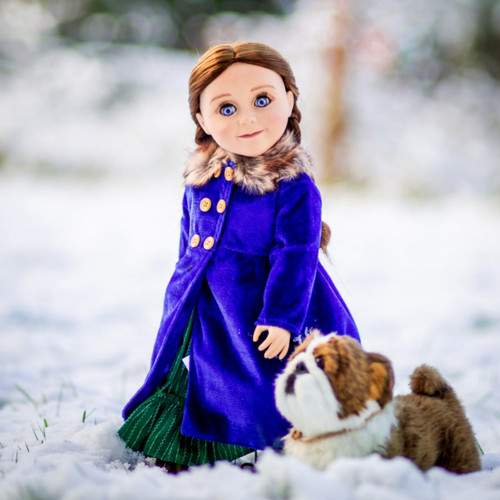 Little House on the Prairie Laura Ingalls doll is wearing the blue Velvet Winter Fur Trimmed Coat Little House on the Prairie Laura Ingalls doll is wearing the blue Velvet Winter Fur Trimmed Coat