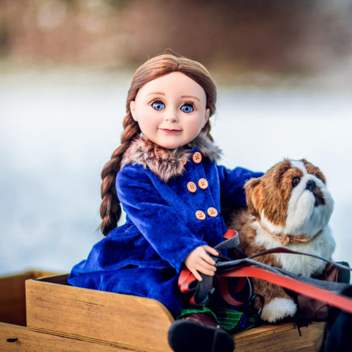 Blue velvet coat is worn by 18" doll Laura Ingalls, from Little House on the Prairie. Pictured in our wagon & sleigh, furniture for 18" dolls. Blue velvet coat is worn by 18" doll Laura Ingalls, from Little House on the Prairie. Pictured in our wagon & sleigh, furniture for 18" dolls.