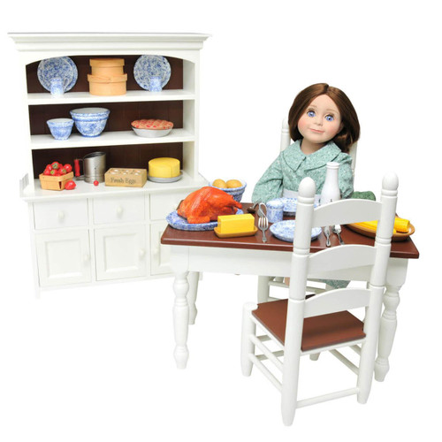 Our Laura Ingalls doll is featured with the Wooden Farmhouse Cupboard Dish Hutch, stocked full of 18" doll accessories and 18 inch doll food. Also features the farmhouse table and chairs. Our Laura Ingalls doll is featured with the Wooden Farmhouse Cupboard Dish Hutch, stocked full of 18" doll accessories and 18 inch doll food. Also features the farmhouse table and chairs.