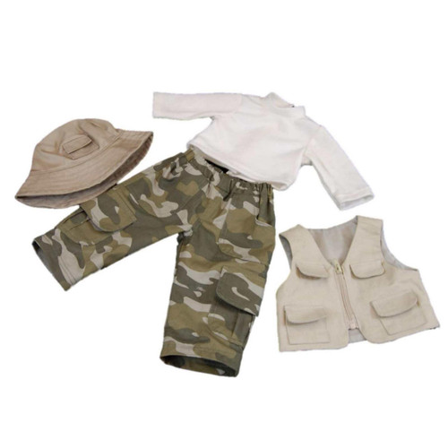 The 4 piece fishing outfit 18" doll clothing laid out flat against white backdrop.