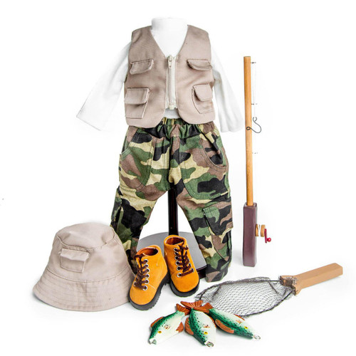 The fishing adventure outfit 18 " doll clothing on our 18 inch doll clothing display stands. The hiking boots, hat, and fishing accessories are also positioned around it. The fishing adventure outfit 18 " doll clothing on our 18 inch doll clothing display stands. The hiking boots, hat, and fishing accessories are also positioned around it.