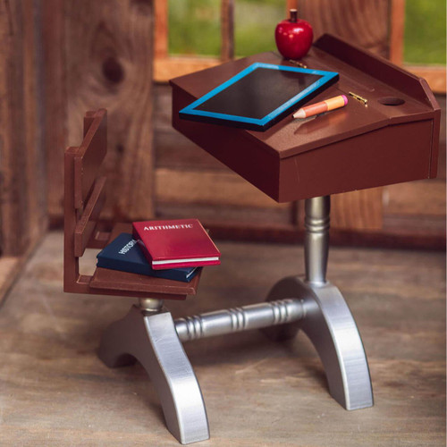 In school room play scene the 18" doll desk and school accessories are viewed from the side. In school room play scene the 18" doll desk and school accessories are viewed from the side.
