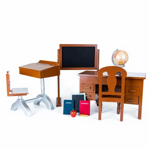 This studio product photograph features a comprehensive miniature vintage classroom furniture and accessory bundle scaled for 18-inch dolls, isolated on a solid white background.