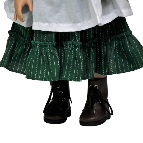 This studio product photograph features a close-up view of an 18-inch doll wearing period-style lace-up boots, isolated on a white background.