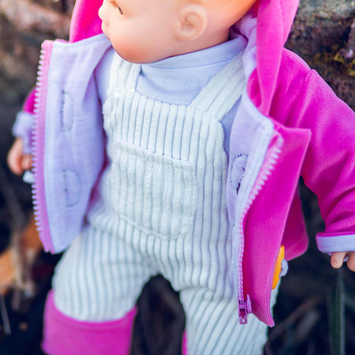 Close up of the complete Pink & Cream Bitty Overalls Set, Clothes for 15" Bitty Baby Dolls Close up of the complete Pink & Cream Bitty Overalls Set, Clothes for 15" Bitty Baby Dolls