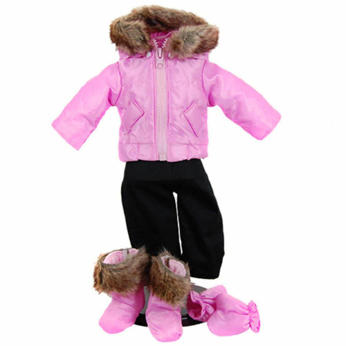 A doll winter outfit is displayed on a black stand against a white background, featuring a bright pink hooded jacket with faux fur trim, black snow pants, and matching pink faux fur-trimmed boots and mittens.