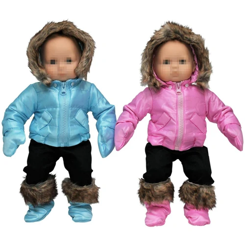 Two baby dolls stand side-by-side against a plain white background wearing matching winter coats with faux fur-trimmed hoods and black pants—one in light blue and the other in bright pink—that fit 15" American Girl® Bitty Baby dolls.