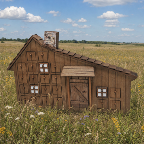 A wooden, Ingall's cabin-shaped advent calendar with numbered drawers and a chimney, licensed by LITTLE HOUSE ON THE PRAIRIE® showing on a prairie field