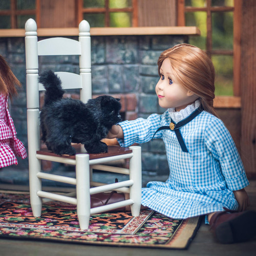 In doll home scene our Little House on the Prairie Mary Ingalls doll pets Black Susan kitty cat sitting on a 18" doll chair. In doll home scene our Little House on the Prairie Mary Ingalls doll pets Black Susan kitty cat sitting on a 18" doll chair.