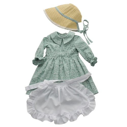 A green calico pioneer dress shown flat against a white background, complete with a matching fabric bonnet and a separate white ruffled apron.