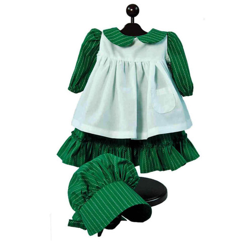 Matching 18 in doll outfit with green dress, white apron and green bonnet for 18 inch dolls and fit American Girl Dolls made after 2008. Matching 18 in doll outfit with green dress, white apron and green bonnet for 18 inch dolls and fit American Girl Dolls made after 2008.