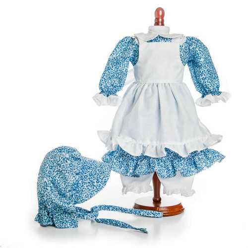 A blue floral calico pioneer dress with a white ruffled pinafore apron and white bloomers on a wooden display stand, paired with a matching fabric bonnet on a white background.