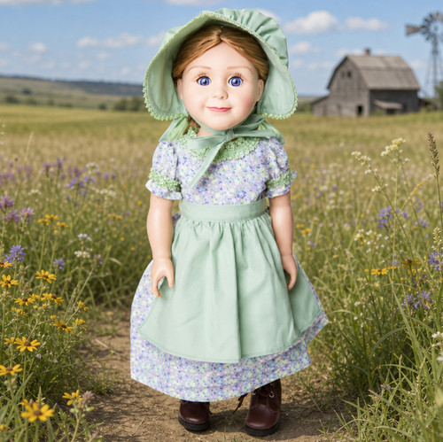 Standing in a prairie, an 18 inch doll models the purple prairie dress, green apron and bonnet 18 inch doll clothing set.