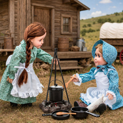 18 inch doll food cooking accessory compatible with American Girl Dolls with 2 dolls cooking in a prairie setting on an 18 inch doll tripod