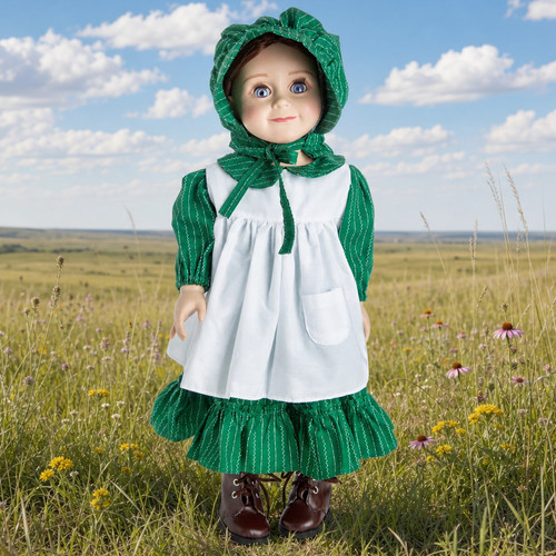 Against a prairie background an 18 inch doll wears the green prairie dress, white apron and green bonnet plus 18 inch doll boots (sold separately.)