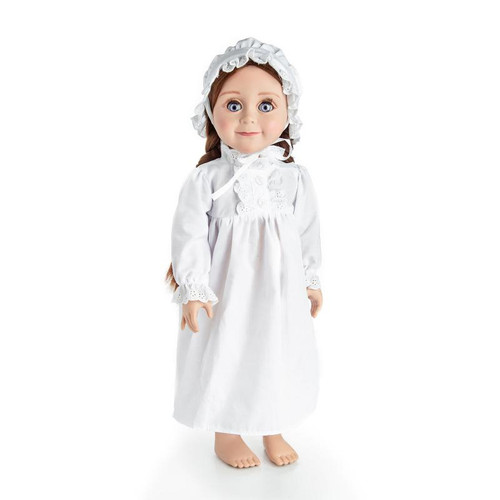 Against white background an 18 inch doll wears the white night gown and night cap 18" doll clothes. Against white background an 18 inch doll wears the white night gown and night cap 18" doll clothes.