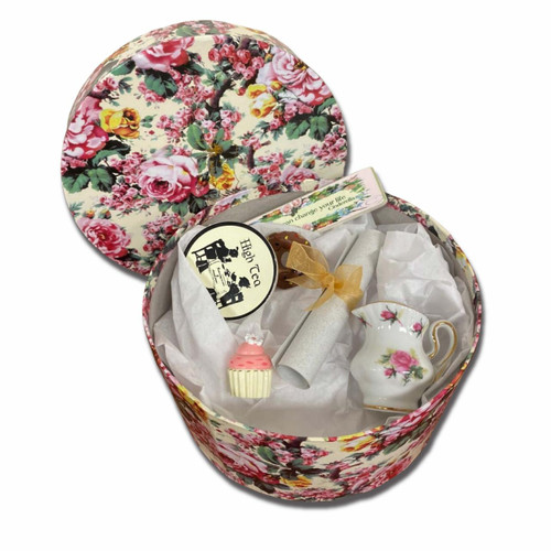 The Queen's Treasures® $35 Gift Certificate Packaged in Victorian Style Hat Box with floral print The Queen's Treasures® $35 Gift Certificate Packaged in Victorian Style Hat Box with floral print