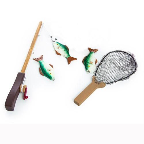 Fishing pole, fishing net, and 3 hand painted fish are shown. Fishing pole, fishing net, and 3 hand painted fish are shown.
