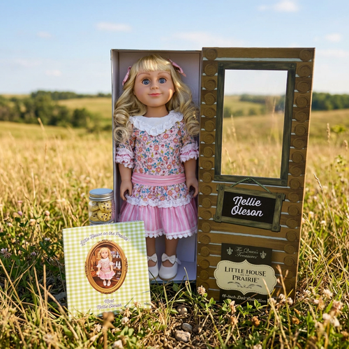 The Queen's Treasures Little House on The Prairie Nellie Oleson 18 Inch Doll standind in a field