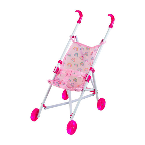 Mud Pie Baby Doll Stroller has bright pink patterned fabric and solid pink accents. Mud Pie Baby Doll Stroller has bright pink patterned fabric and solid pink accents.