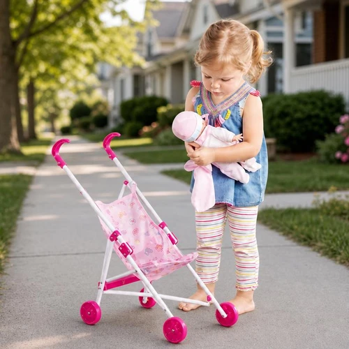 A little girl takes her baby doll out of the Mud Pie Baby Doll Stroller in a sidewalk neighborhood setting