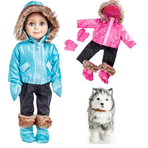 The blue and pink ski snow wear sets are identical 18 inch doll clothing and 18" doll boots.