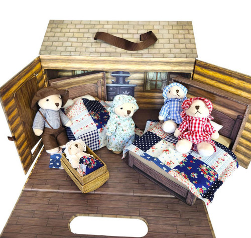 The 5 mini bears and beds of Ingalls family standing inside their log cabin home play set. The 5 mini bears and beds of Ingalls family standing inside their log cabin home play set.