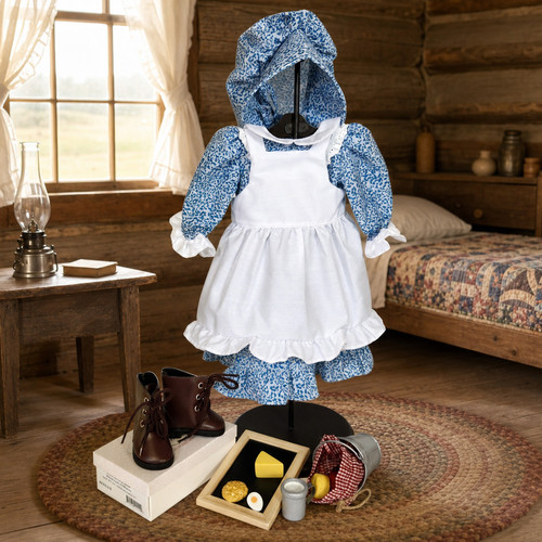The Queen's Treasures Little House on the Prairie 18 Inch Doll Blue Calico 4 Piece Doll Clothes Outfit, Brown Lace-Up Boots, and  8 Piece School Lunch Pail Set inside a log cabin doll bedroom