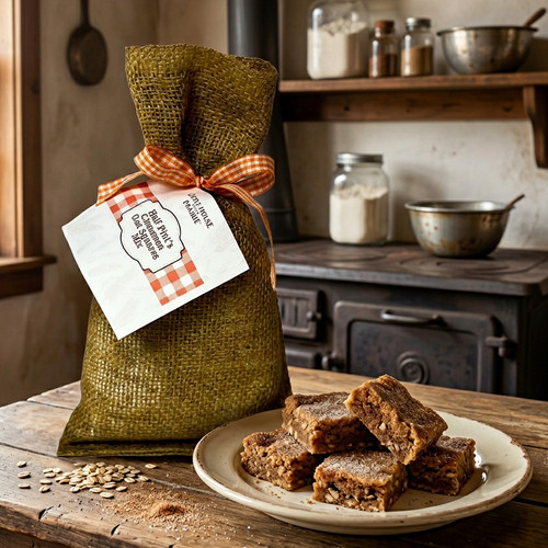 Little House on the Prairie Half-Pints Cinnamon Oatmeal Bar Mix packaged in burlap bag with gingham ribbon and label. The bag and baked bars are in a rustic prairie kitchen