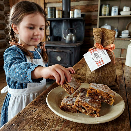 Little Girl dressed in Prairie clothes in a little house on the prairie kitchen, reaching for a cinnamon oat bar in a prairie kitchen.
