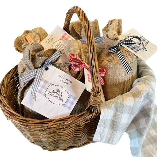 Basket lined with gingham check towel and filled with Little House on the Prairie Pantry Mixes