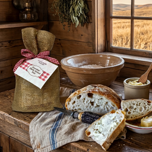 Little House on the Prairie®  Pantry Frontier Daily Bread Mix packaged in burlap bag with gingham ribbon and label. The bread mix and baked loaf are placed on a wooden  table in a prairie kitchen.