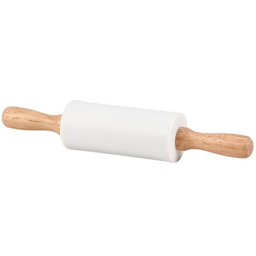 White silicone child size rolling pin with wooden handles on a white background