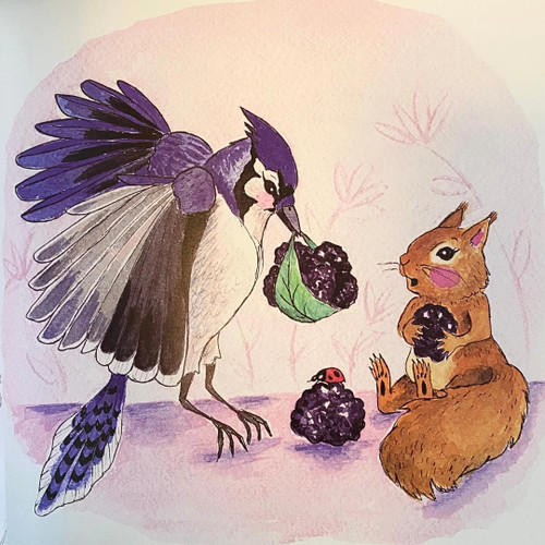 Inside page, Blue jay illustration with berries and peaches