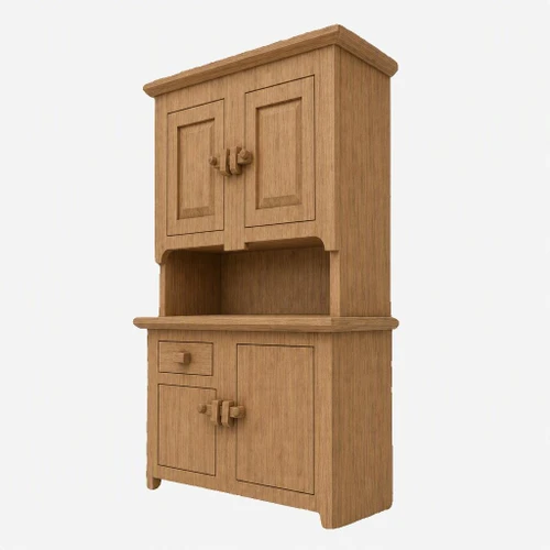 A miniature wooden 18-inch doll hutch cupboard featuring a rustic grain finish, top cabinets, an open display shelf, and lower storage compartments against a