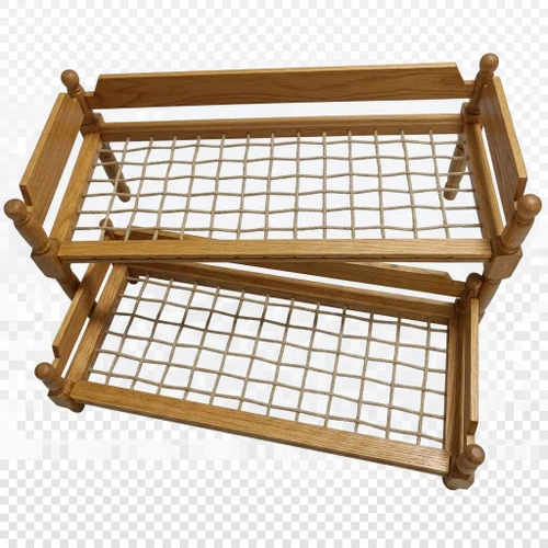 A miniature wooden 18-inch doll trundle bed frame showing the woven rope support grid without bedding or mattresses.