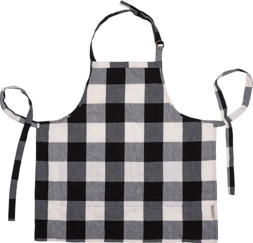 This is the back side of a black and with buffalo check apron. Apron has a bib and ties around the waist, with an adjustable strap for the neck