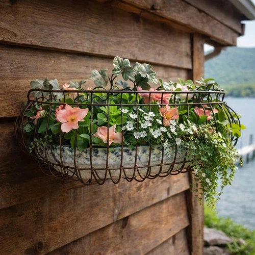 Vintage 34inch iron planter that hangs on a wall is placed on a log sided house