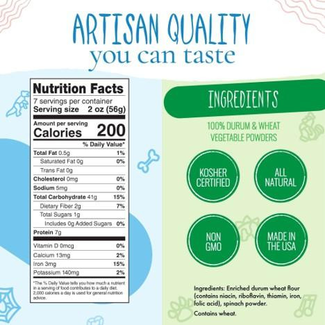 An infographic displaying the Nutrition Facts and Ingredients label under the headline "Artisan Quality you can taste". The left side features a standard nutrition facts panel indicating 200 calories per 2 oz serving, while the green-shaded right side highlights the ingredients list alongside four circular badges for Kosher Certified, All Natural, Non-GMO, and Made in the USA.