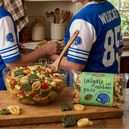 An image of two women in a kitchen, both wearing blue and white "Wildcats" football jerseys, viewed from behind and the side. In the foreground on a wooden cutting board sits a large clear glass bowl filled with colorful pasta salad containing football-shaped pasta, diced vegetables, and tomatoes. Next to the bowl is an unopened bag of "Tailgate and Celebrate Pasta" by Pastabilities, showing its themed football and helmet shapes inside. A few loose green and yellow pasta shapes are scattered on the board.