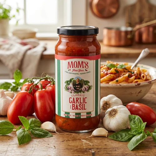 A glass jar of Mom's Classic Garlic & Basil Pasta Sauce (16 oz) centered on a rustic wooden table. The jar features a white and green label with an illustration of a woman flanked by garlic bulbs. Fresh ingredients, including plum tomatoes, whole garlic bulbs, loose garlic cloves, and green basil leaves, are scattered around the jar, with a bowl of cooked pasta visible in the blurred background.