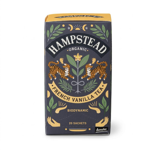 Front packaging of Hampstead Organic French Vanilla Biodynamic Tea box containing 20 sachets, Demeter certified, on a white background.