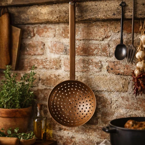 Large antique copper skimmer ladle hanging on rustic brick kitchen wall beside herbs