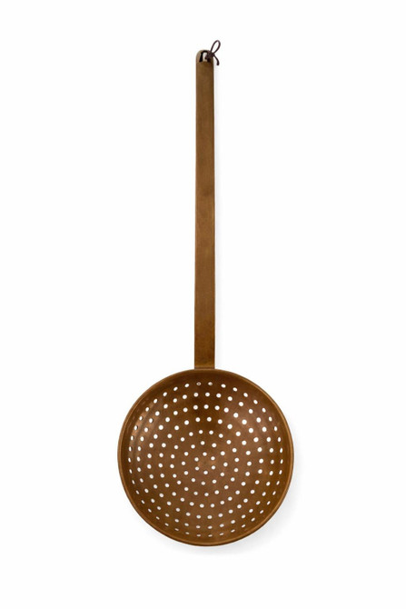Full-length straight view of 24-inch antique copper skimming spoon with perforated bowl