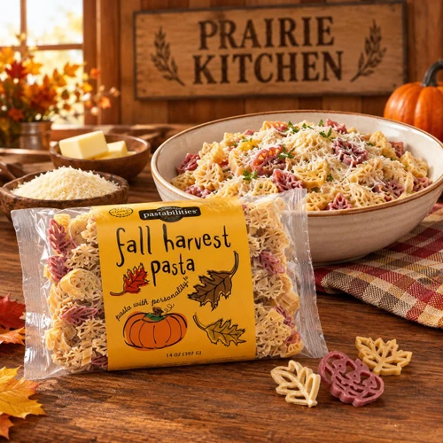 Pastabilities Fall Harvest Pasta package staged with a steaming bowl of cooked leaf and pumpkin pasta, grated cheese, and butter in a rustic kitchen